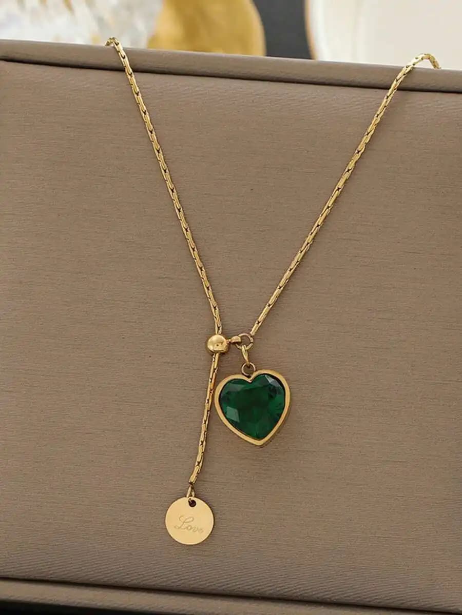 1pc Stainless Steel Emerald Diamond Heart Titanium Steel Necklace For Women, Minimalist Design Adjustable Choker Necklace, Suita