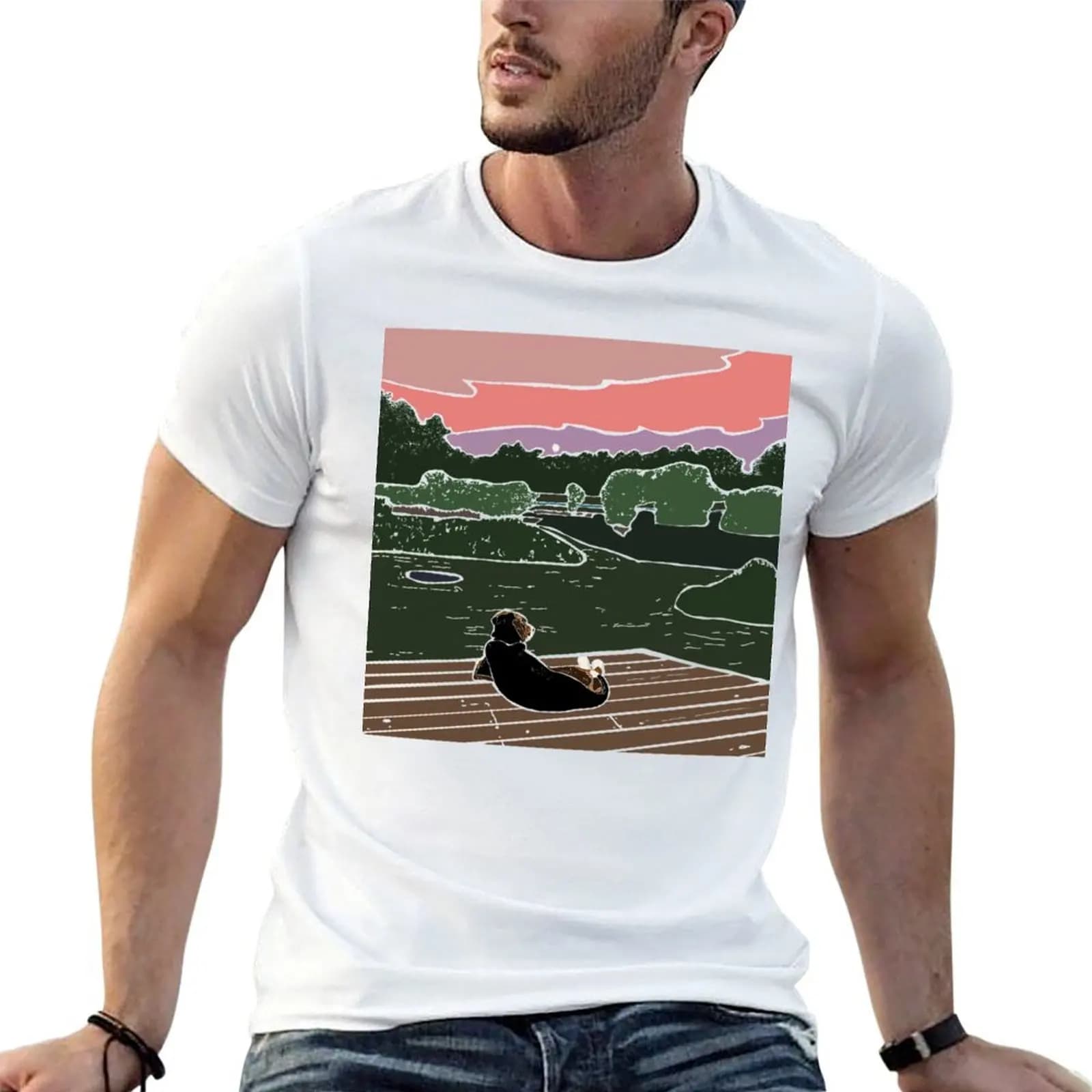 Just a Dog Watching the Sunset T-Shirt Minimalist Casual Short Sleeve Top