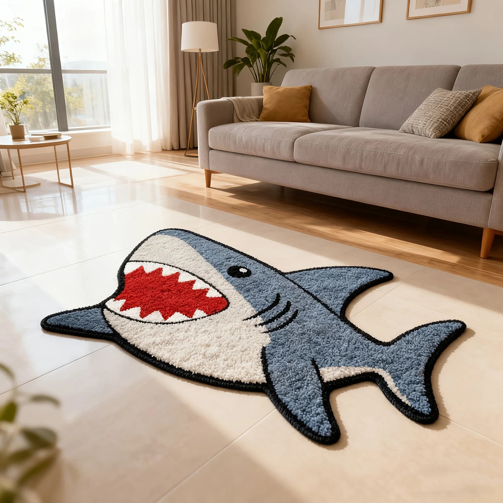 VIKAMA Cute Cartoon Shark Shaped Irregular Doormat Ocean Animal 2D Tufted Print Non Slip Kids Bedroom Entryway Rug