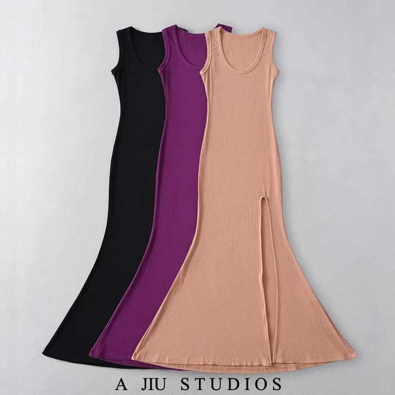 Abito lungo estivo da donna sexy e aderente, senza maniche, con scollo a U, colore unico, spacco alto, modello a sirena, stile hot girl