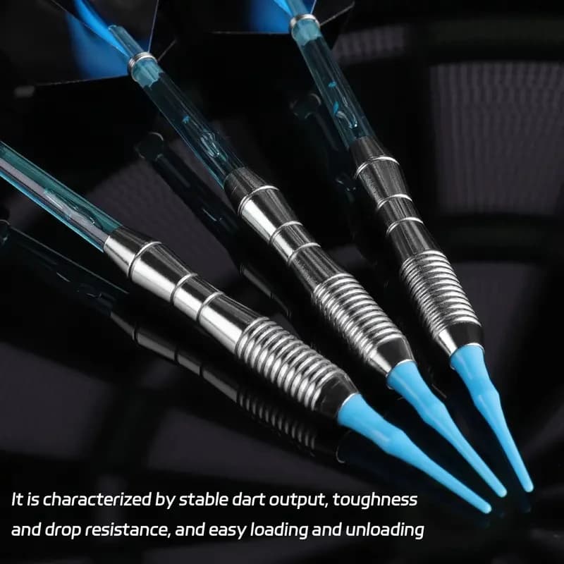 3 freccette con punta morbida, circa 18g, blu, montaggio in quattro parti, asta di sicurezza standard, alette Aurora Wing, giochi di intrattenimento con freccette.