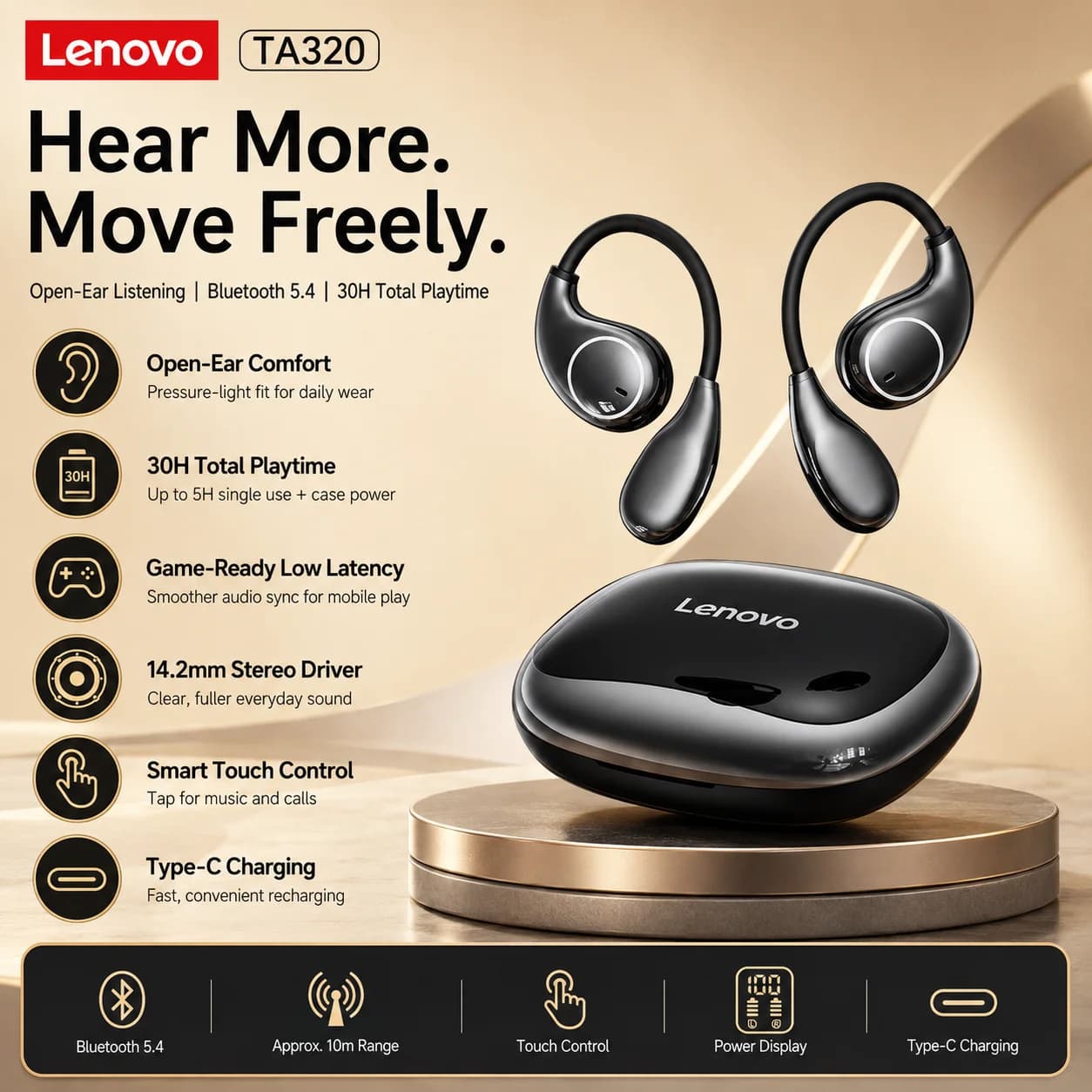 Lenovo TA320 Wireless Open Ear Hook Earphones Bluetooth 5.4, 14.2mm Stereo Driver 30H Long Battery Sport Gaming Headset