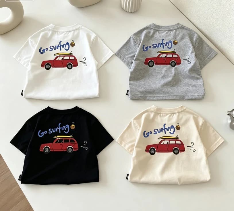 T-shirt a maniche corte con stampa auto da surf per bambini, top casual estivi per bambini, abbigliamento a doppio lato, magliette sottili alla moda per neonati