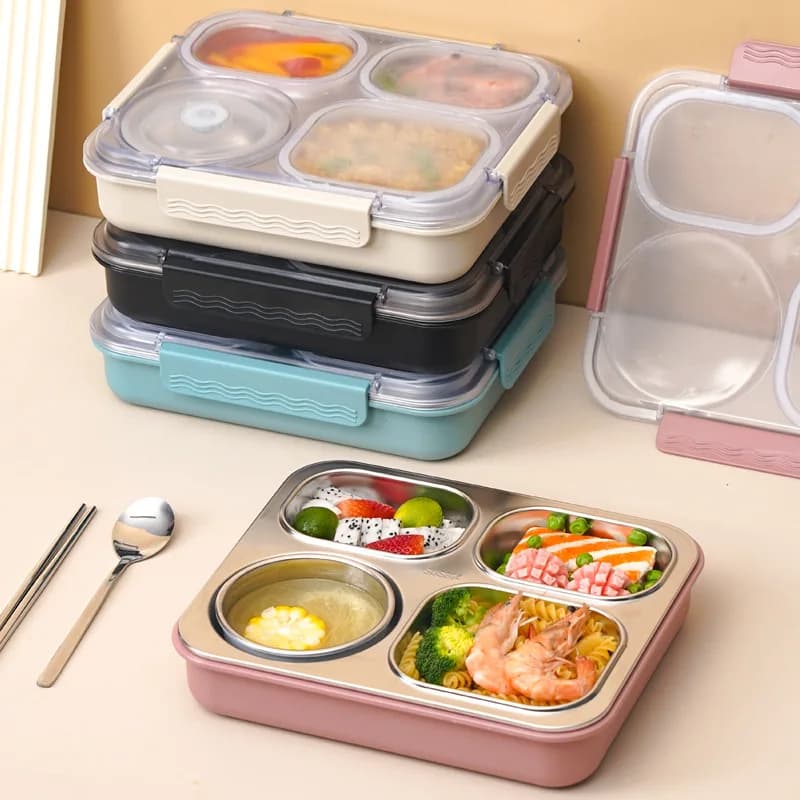 Scatola da pranzo protettiva in acciaio inossidabile 304 con quattro scomparti, riscaldamento a microonde per studenti di impiegati
