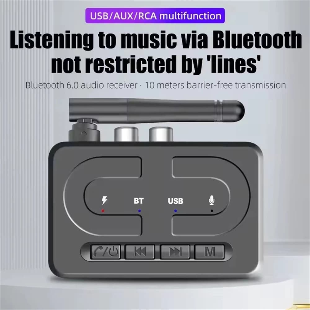 Ricevitore Audio Bluetooth 6.0 USB U-Disk, Adattatore Wireless per Musica con Microfono HD e Antenna, AUX 3.5mm RCA HIFI Stereo per Altoparlanti e Amplificatori Auto