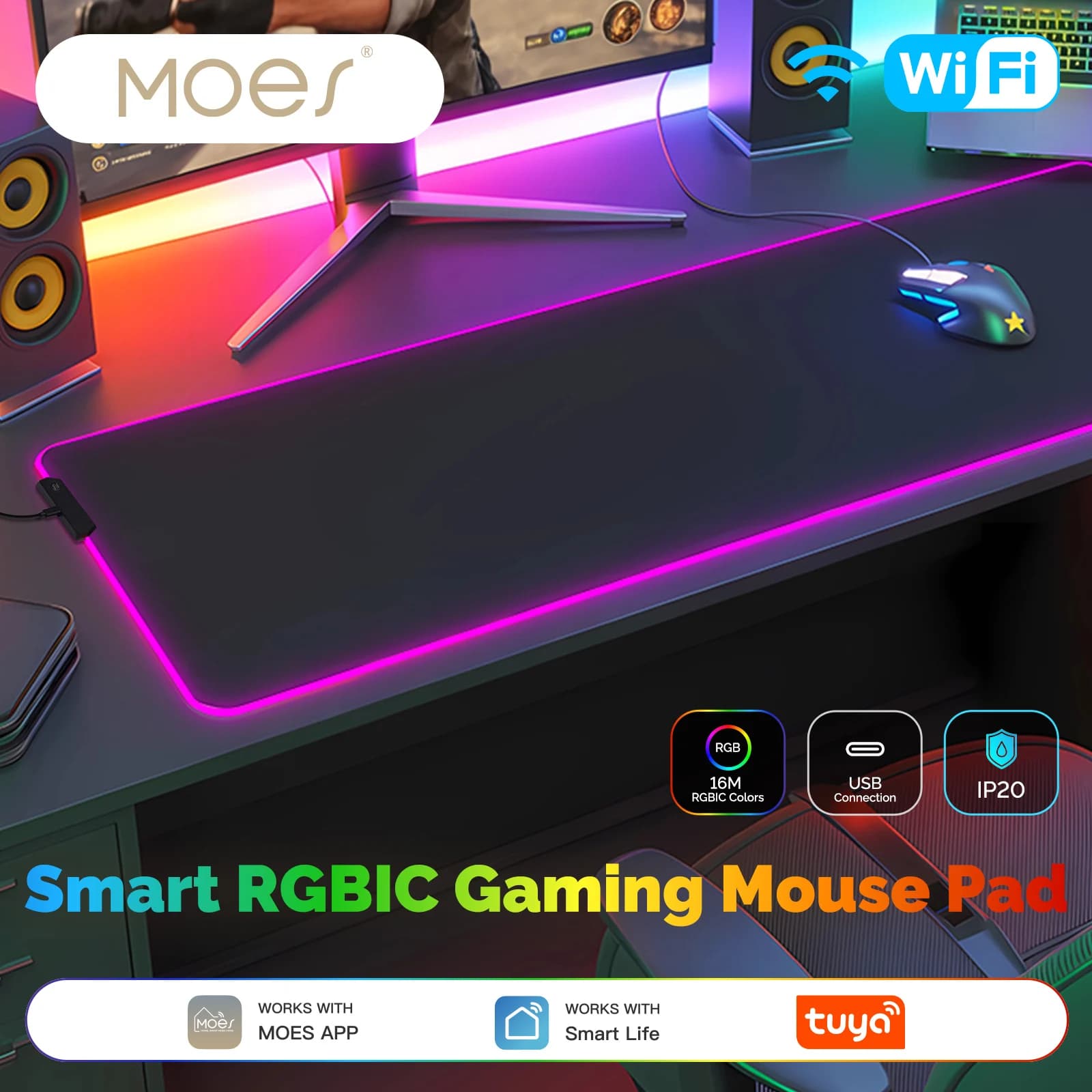 Tappetino per mouse da gioco RGBIC, controllo APP intelligente WiFi Tappetino da scrivania LED da 16 milioni di colori, impermeabile per giochi per computer PC