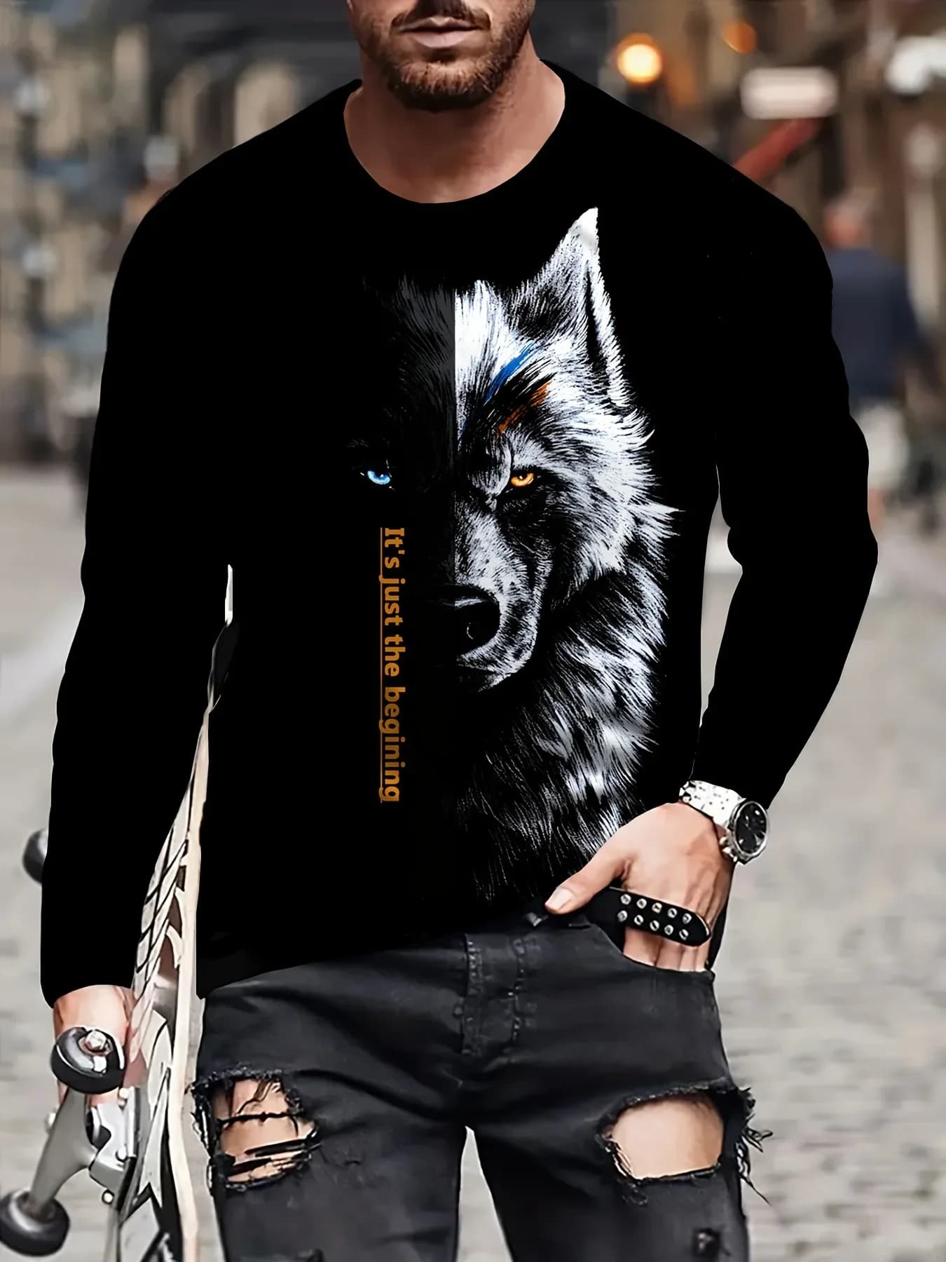T-Shirt da Uomo con Stampa 3D Motivo Lupo, Maglietta Casual Comoda a Maniche Lunghe, T-Shirt Estiva alla Moda per Uomo e Donna