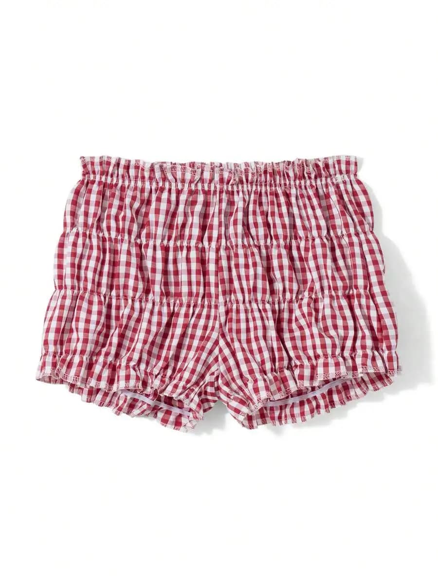 Pantaloncini da Notte a Balze a Strati in Gingham Rosso e Bianco da Donna, a Vita Bassa, Stile Y2K Lolita, Mini Shorts da Pigiama