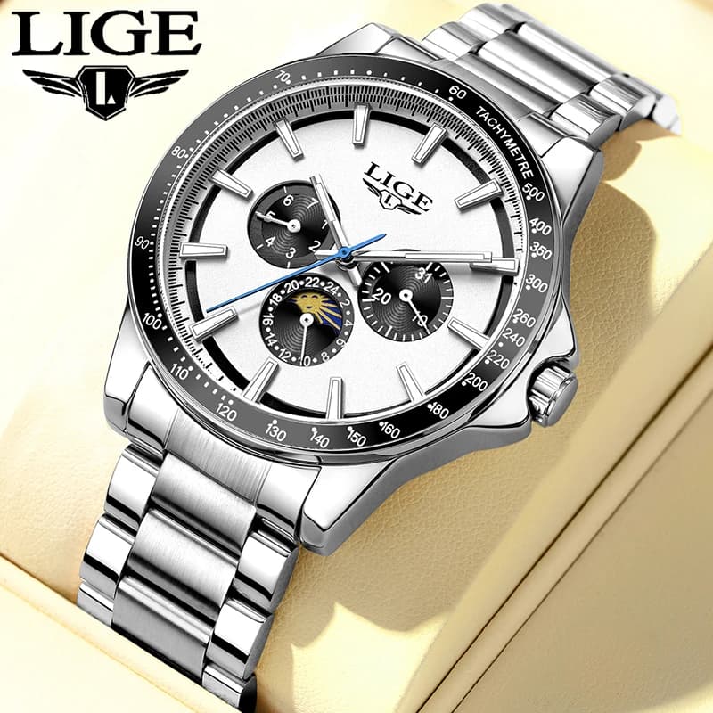 Orologi di lusso da uomo marca LIGE, luminosi, con calendario, fasi lunari, impermeabili, al quarzo, in acciaio inossidabile, orologio da polso da uomo, reloj hommes