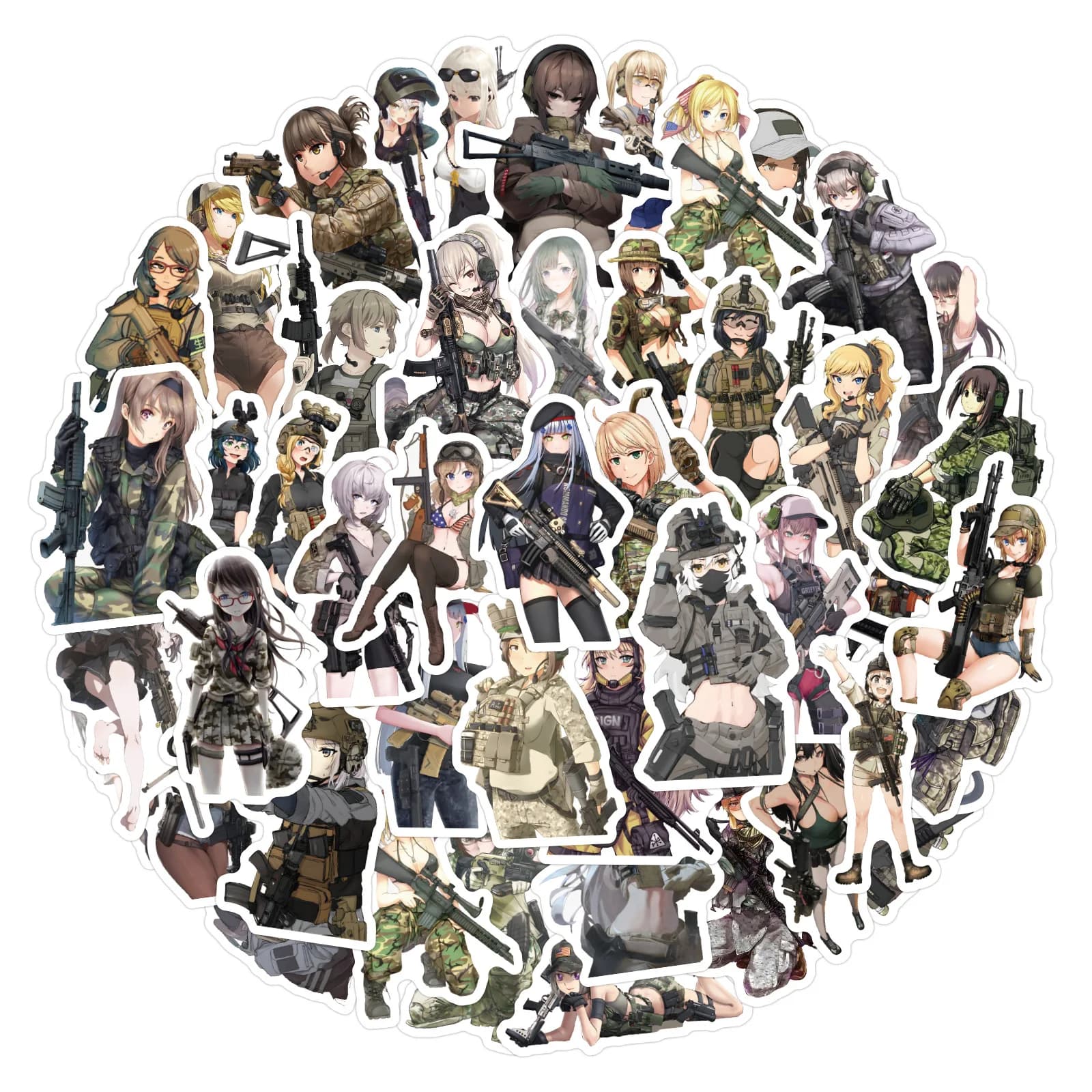 60 Pezzi Adesivi Impermeabili Decorativi per Quaderni e Valigie con Cartoni Animati Militari e Ragazze Anime