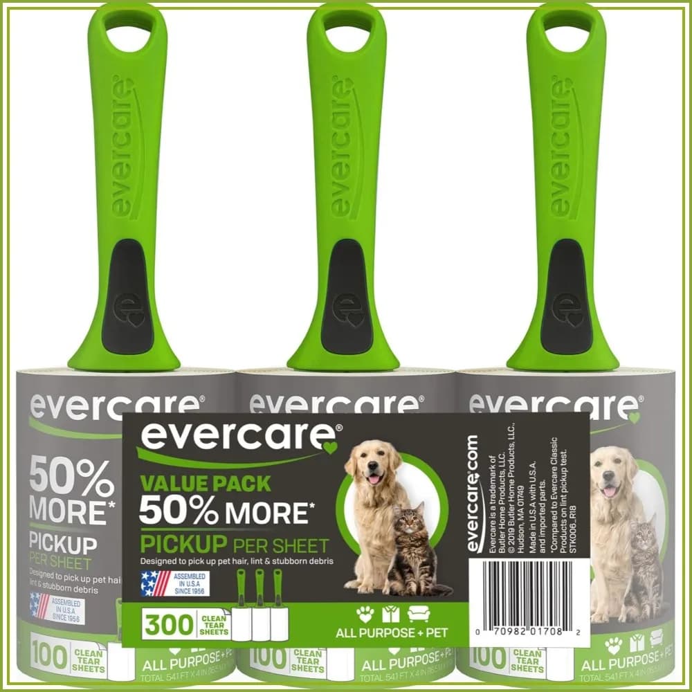 Pet Hair Lint Rollers, 100 Sheets Per Roll, Reusable Sticky Roller for Pet Hair Removal, Contoured Handle for Furniture, Clothing & Cars, Set of 3