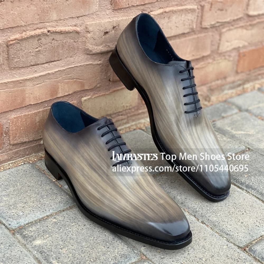 Patina Oxford Dress Shoes Hand Brushed Gradient Leather Formal Oxford Shoes Brush Off Color Fade Lace Up Business Leather Shoes