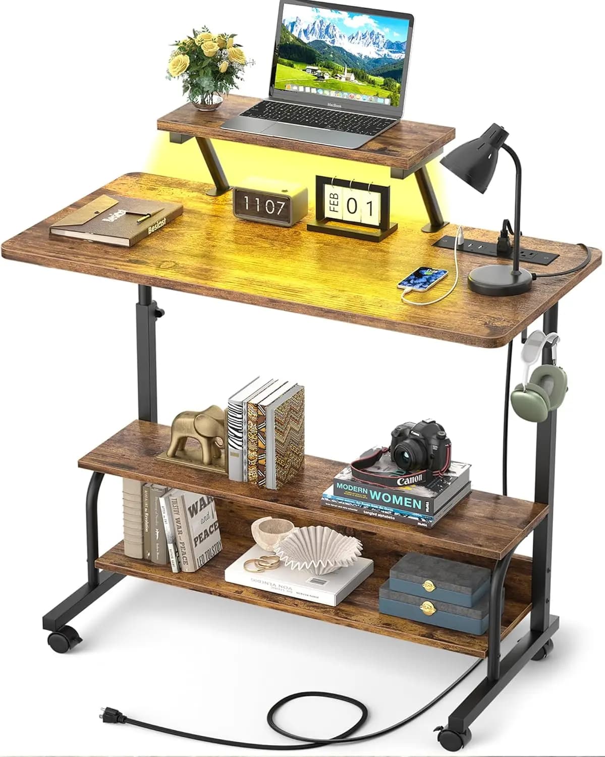 Adjustable Desk on Wheels with Current Grips, LED Lights, Monitor Support and Storage Shelves - 32-inch Laptop Table