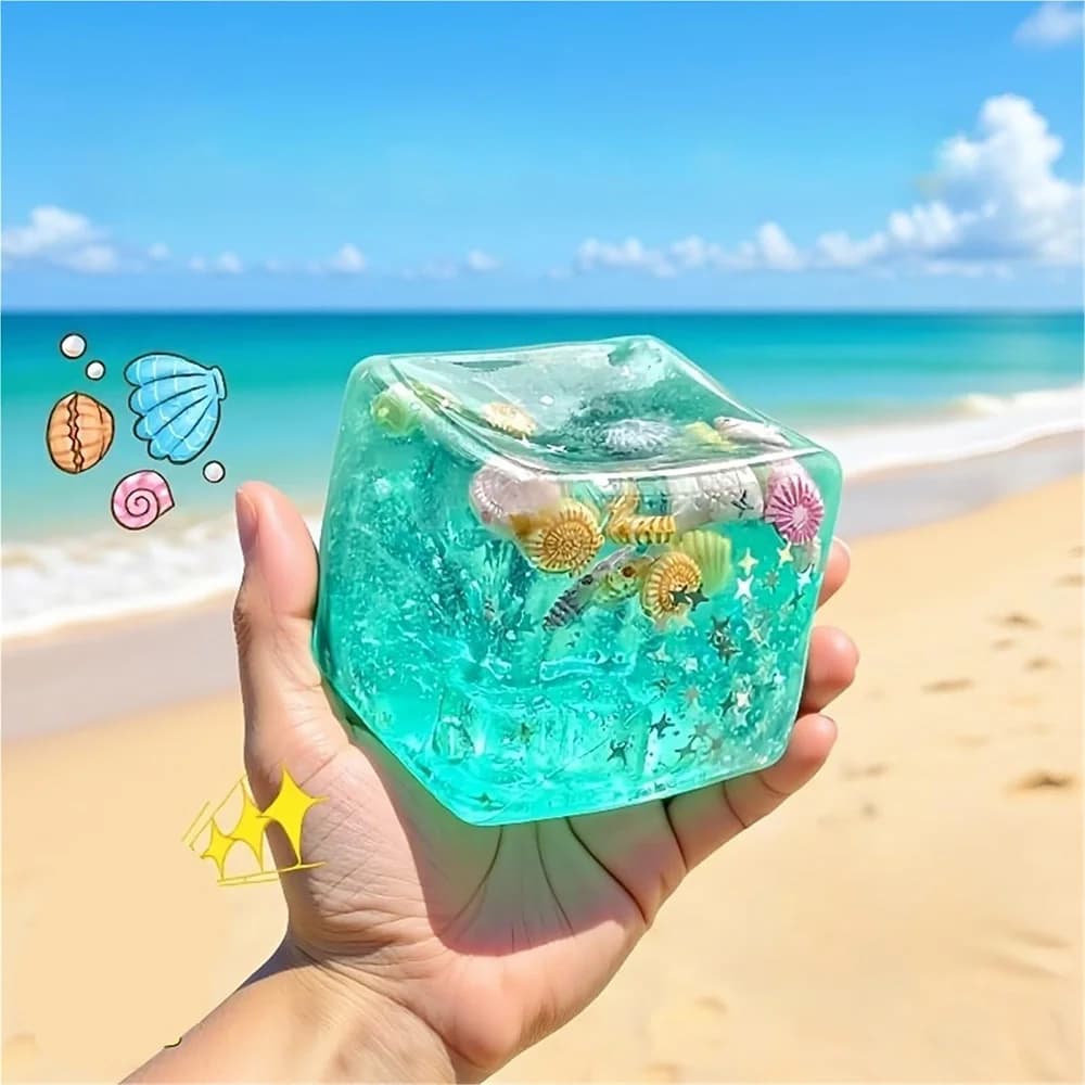 Giocattoli Sensoriali Squishy Ice Cube Ocean con Vere Conchiglie Marine, Giocattolo Antistress per Bambini e Adulti, Giocattolo da Spremere Non Tossico