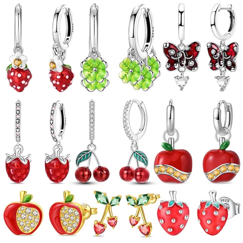 Orecchini a forma di mela rossa originali in argento sterling 925 da donna 2025 Orecchini a bottone con zirconi scintillanti Orecchini a cerchio con pavé Regalo di gioielli per l'anniversario