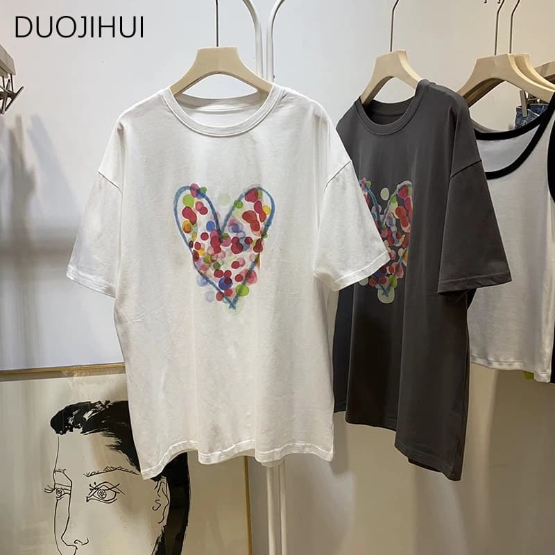 DUOJIHUI nuovo colore a contrasto dolce stampato sciolto t-shirt donna estate classico o-collo semplice moda Casual S-3XL t-shirt femminili