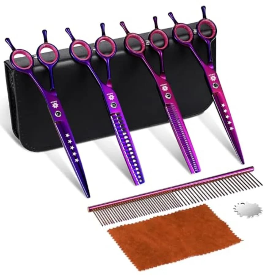 Forbici per Toelettatura Cani - Set Professionale 6-in-1 con Lame Affilate e Durevoli, Forbici Diritte e Curve, Pettine per Cani