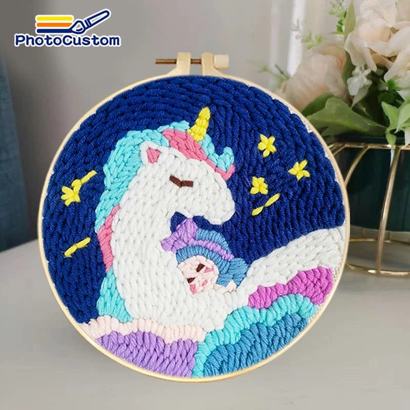 PhotoCustom Punch Needle Embroidery Starter Kits Punch Needle Set Unicorn Animals Pattern Embroidery Hoops Yarns Instructions