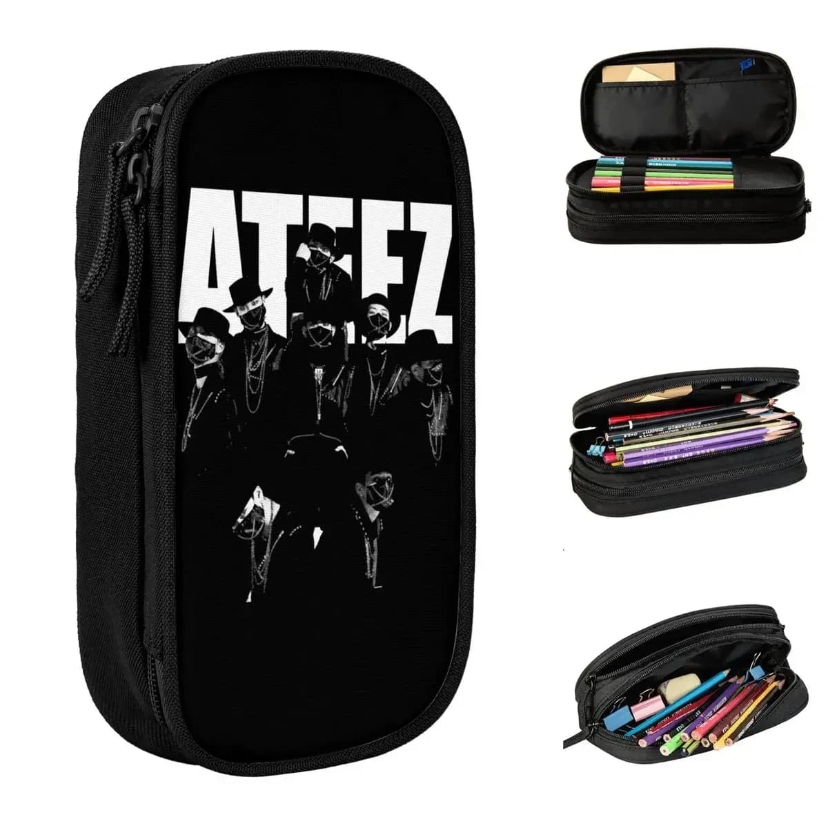 Kpop Ateez Music Astucci vintage per matite Bella borsa per penne Ragazza Ragazzo Grande portaoggetti Studenti Astucci regalo per la scuola