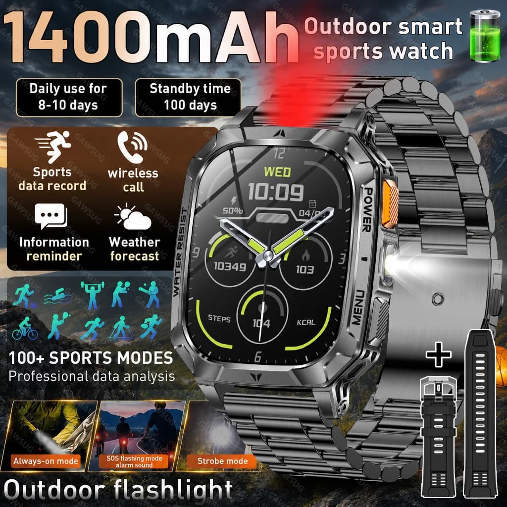 2026 New Rugged Smart Watch Men with Flashlight 1400mAh IP68 Waterproof Tactical Outdoor Sport Watch Gift for Android IOS