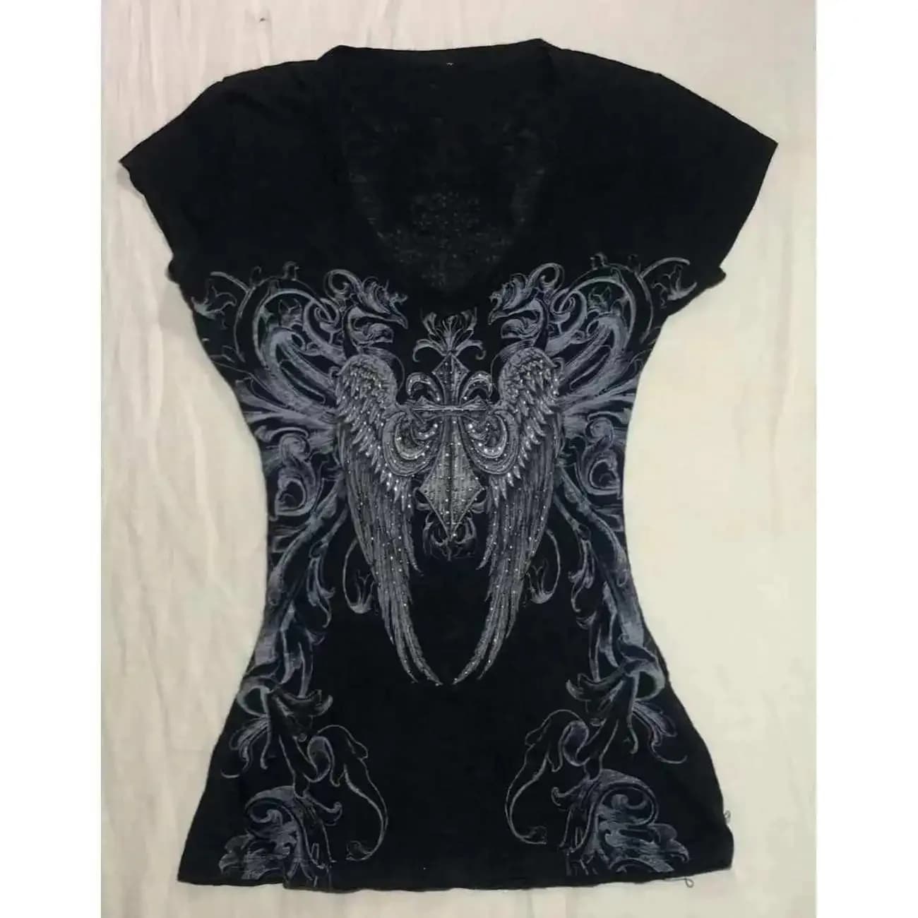 Y2k Vestiti Punk Crop Top Estetica Hot Girl Grunge anni '90 Harajuku Scollo a V Streetwear Manica corta Goth Slim T-shirt Croce Grafica