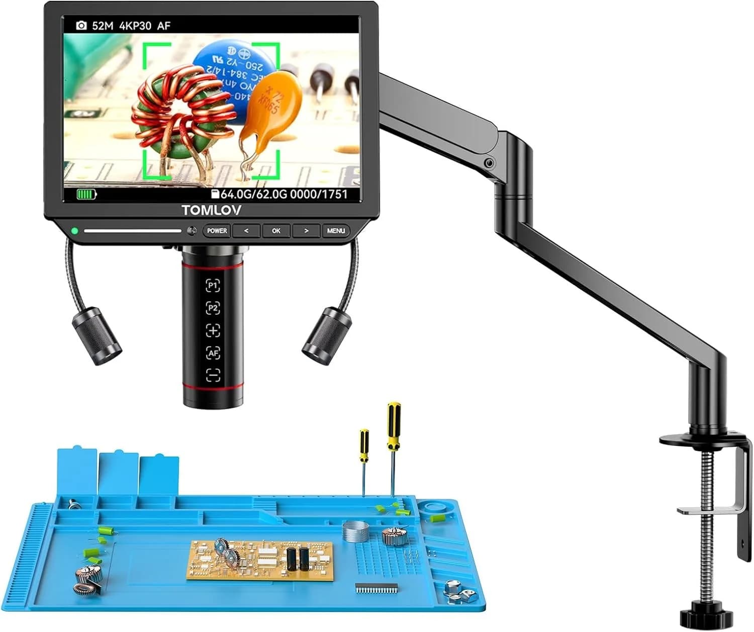 TOMLOV Digital Microscope with Automatic Focus for Electronics HDMI 4k Microscopes 8" LCD Screen PCB Welding Microscopes with Flexible Arm TM4K-AF