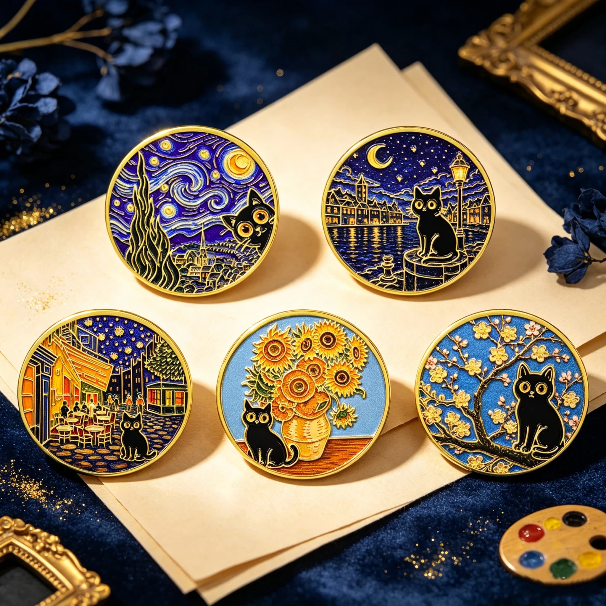 5pcs/Set Van Gogh Art Black Cat Enamel Pin Oil Painting Brooches on Clothes Badge Bag Clothes Lapel Woman Men Jewelry Fans Gift