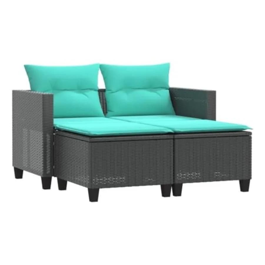Divano da Giardino a 2 Posti in Rattan PE con Telaio in Acciaio Verniciato a Polvere, Finitura Opaca Nera e Blu, Cuscini Resistenti alle Intemperie con Rivestimento Rimovibile