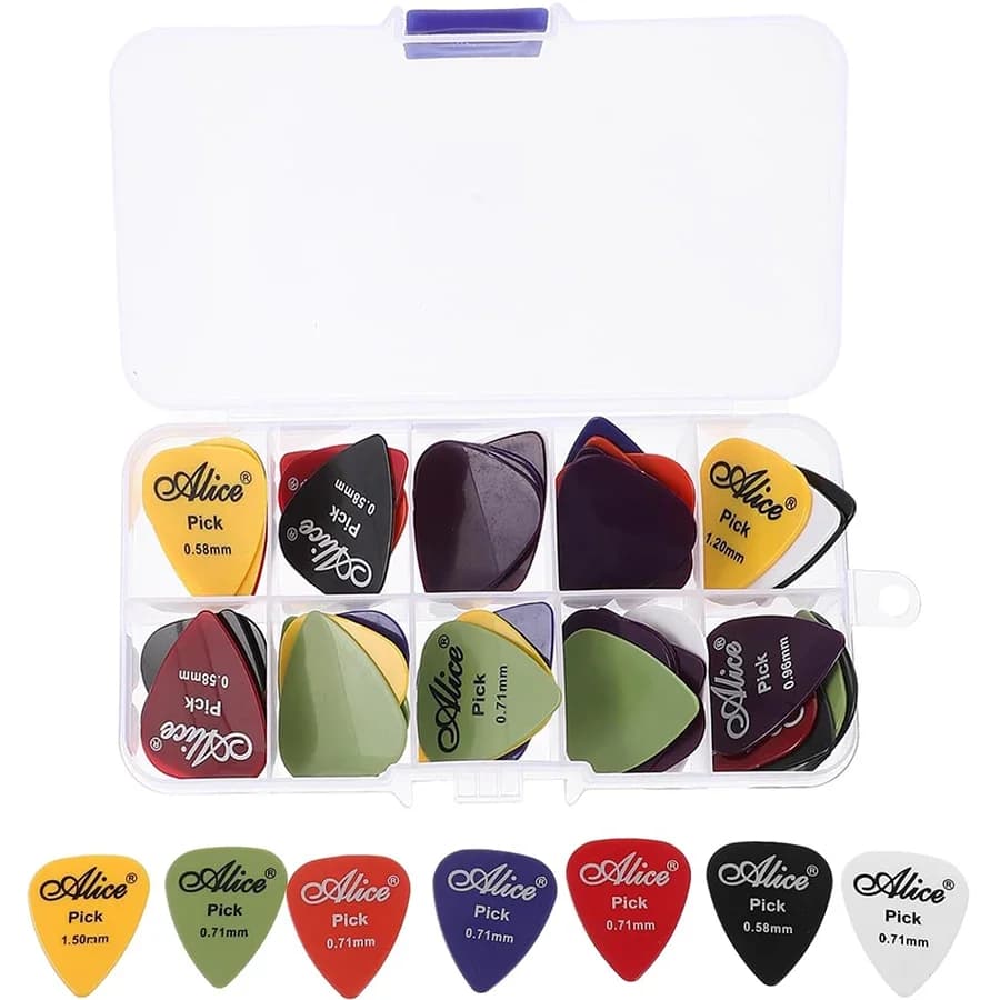 Plettri per chitarra Alice da 30 pezzi assortiti 0,58-1,50 mm 6 dimensioni Plettri in ABS colorati con scatola di immagazzinaggio trasparente per acustico JXB
