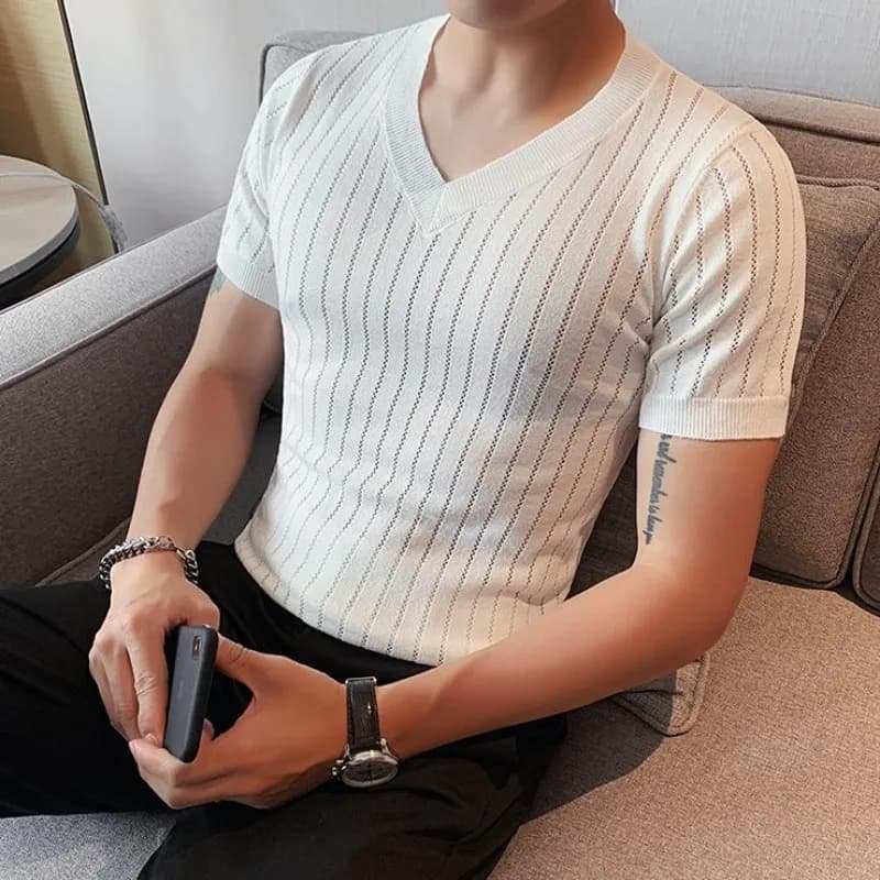 T-shirt da uomo estiva a V in maglia a maniche corte, leggera, traspirante, traforata, tinta unita, aderente, in maglia, alla moda, elasticizzata