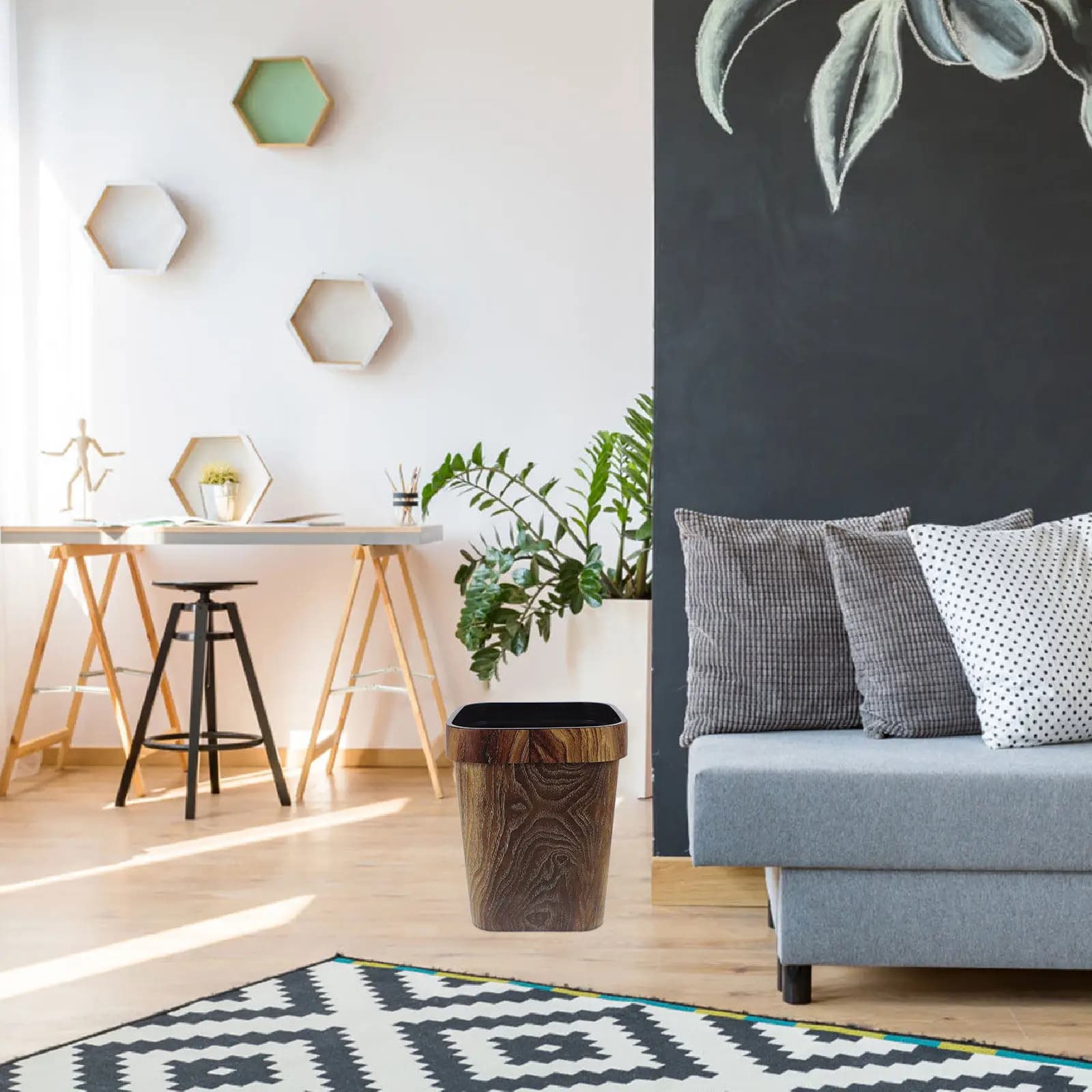 Cestino per Rifiuti Rettangolare Senza Coperchio da 12L, Finitura Effetto Legno, Elegante e Salvaspazio, Bidone Decorativo Rustico per Angolo Scrivania Ufficio