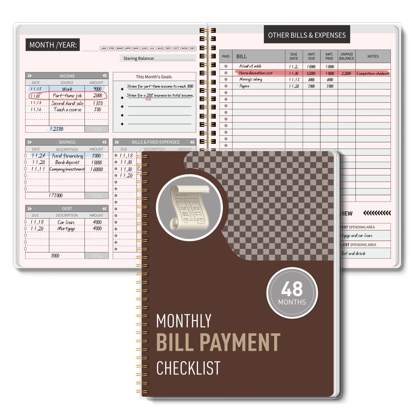 Agenda Mensile per il Pagamento delle Bollette, Quaderno a Spirale per il Budget di 48 Mesi, Organizzatore per Registrazione Spese e Risparmi