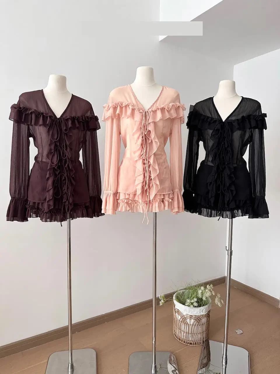 Women's Summer Elegant Two Pieces Skirt Set Lady Sweet Ruffled Long Sleeve Micro See Through Lace Up Blouse Top + Cake Skirt