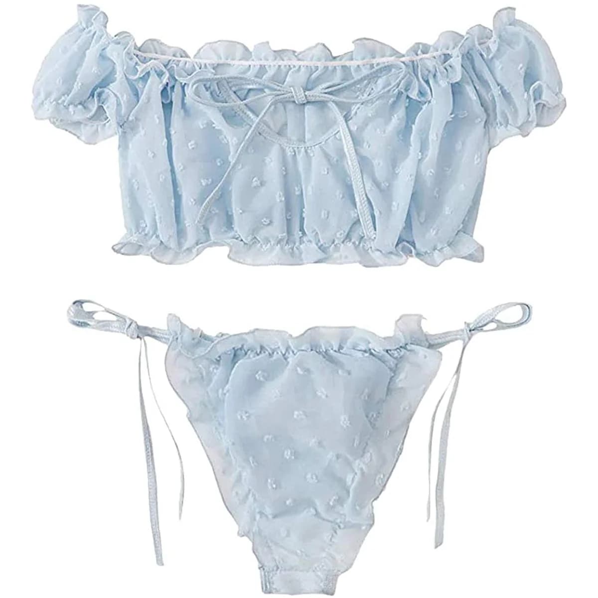 Women's bikini set with exposed shoulders and laces, 2 pieces, sweet and casual, short sleeves, swimwear, beachwear, sexy lingerie