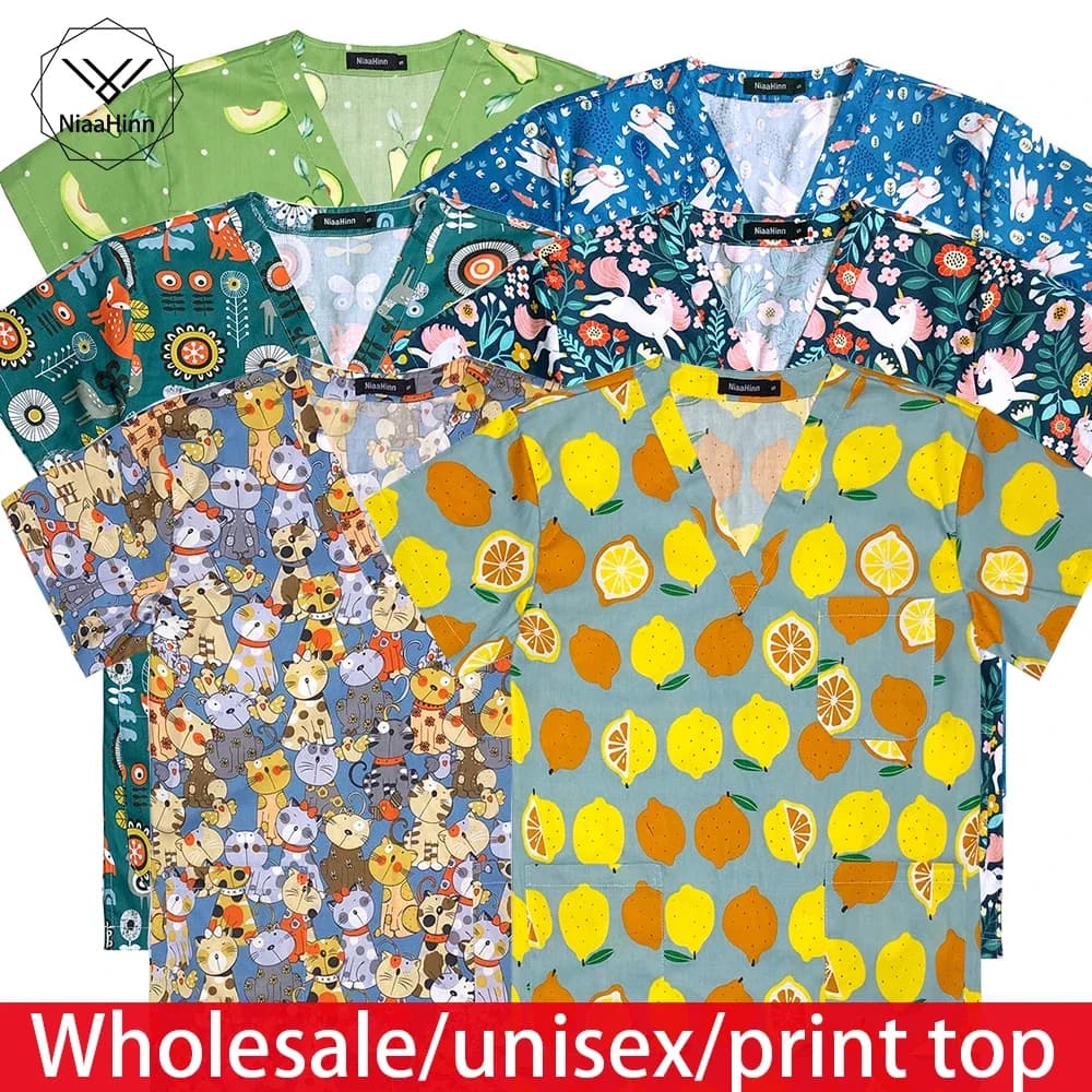 Camicia a maniche corte da uomo con stampa di frutta all'ingrosso Unisex da campeggio all'aperto Scrub in cotone traspirante accessori per la cura della clinica sanitaria