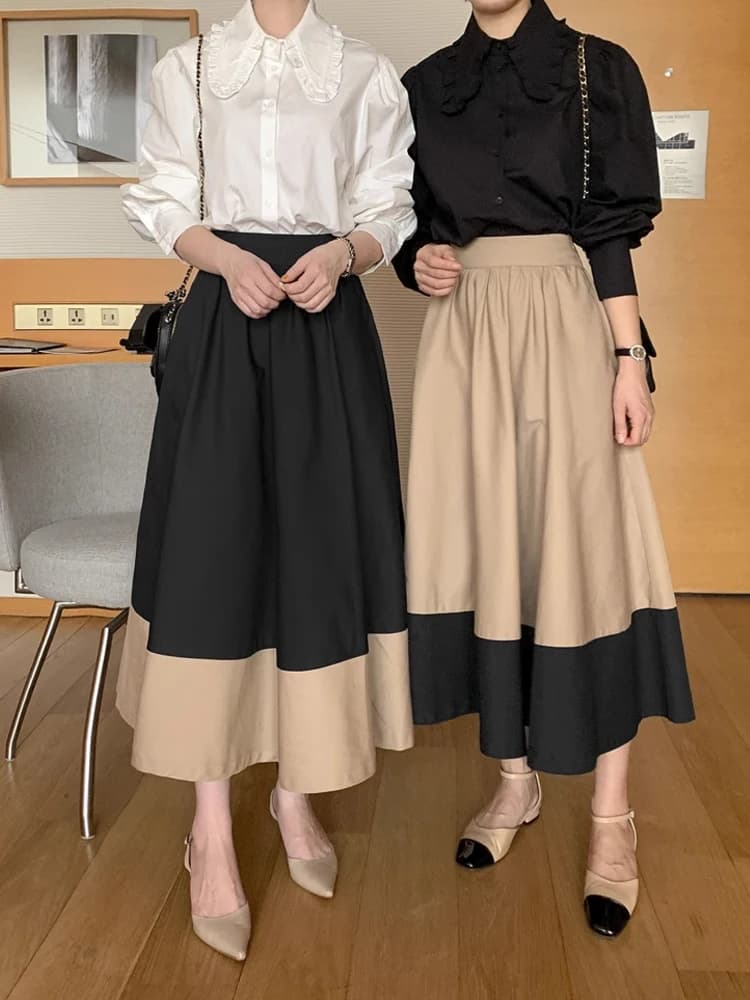 Elegant Shirt Collar Blouse Women's High Waist Slimming Patchwork Midi Skirt Korean Style Commute Pure Color A-Line Skirt
