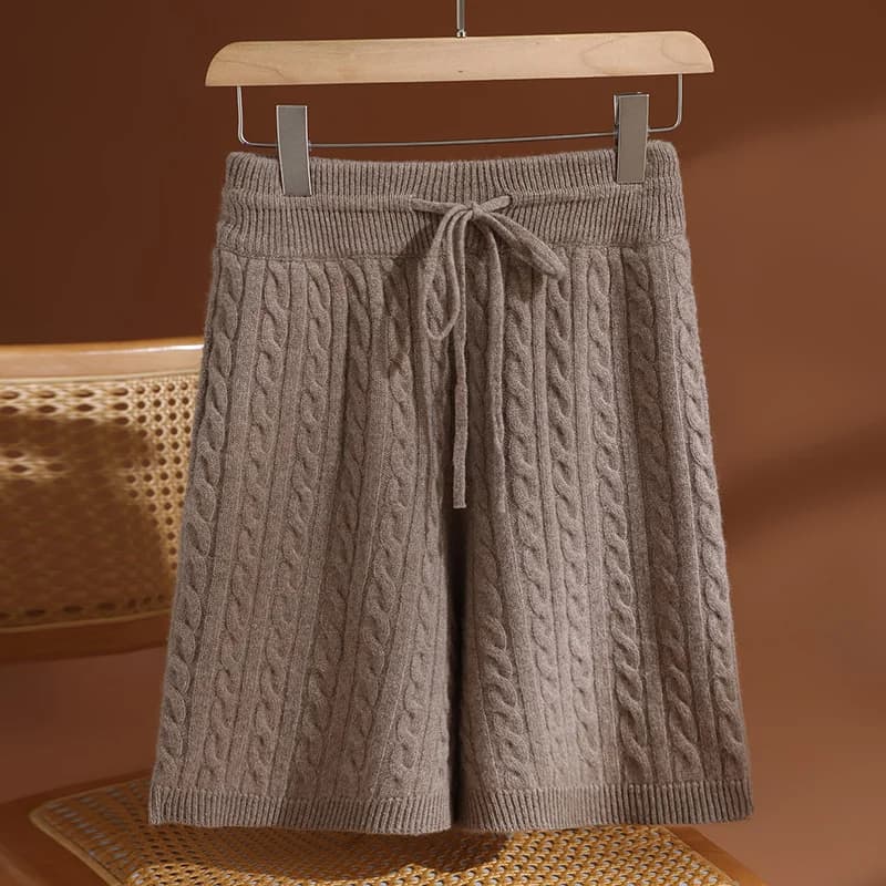 Pantaloncini da Donna 100% Lana Merino Primavera Autunno Nuova Moda con Coulisse Lunghezza al Ginocchio Lavorazione a Trecce Casual Morbidi