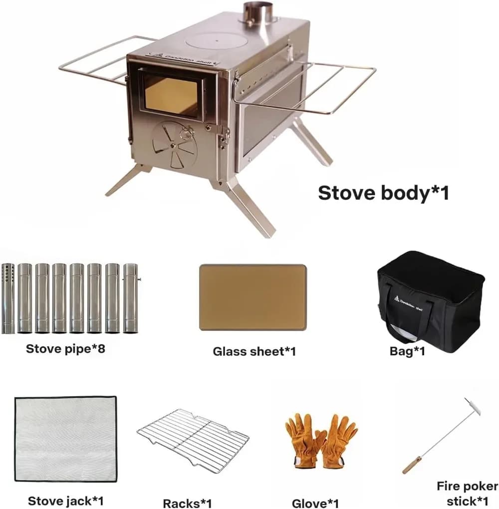 Wood Stove Portable with Glass, 8 Canne Fumarie for Camping, Kitchen and Heating - Stainless Steel 304