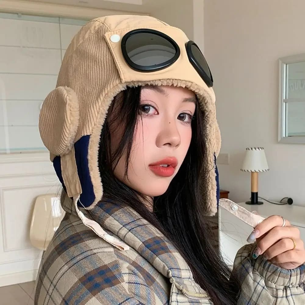 Windproof Winter Pilot Hat With Goggles Beanie Ear Protection Warm Ski Hat Velvet Anti Fog Cycling Lei Feng Hat Motorcycle