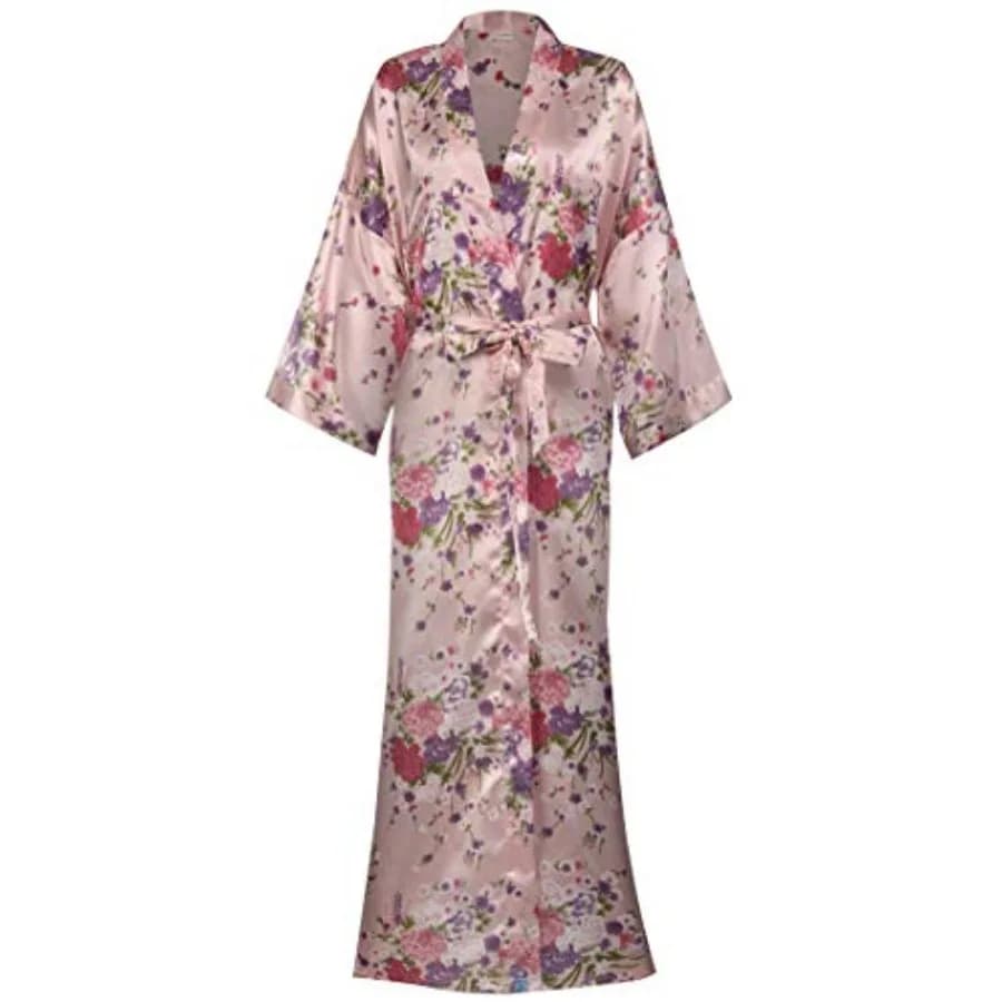 Women's Long Kimono Robes Silky Floral Bathrobe with Blossoms Printed Bridesmaid Wedding Nightgown