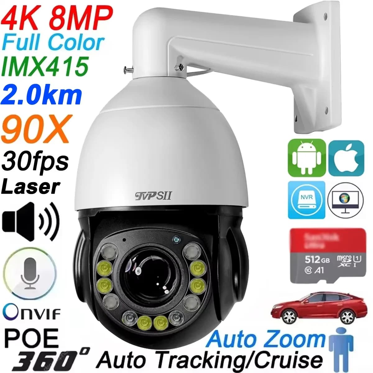 Max.512G Tracciamento automatico in metallo a colori Cruise 30fps 8MP 4K 90X 60X Zoom ottico 360 ° Telecamera IP POE di sorveglianza Speed Dome PTZ