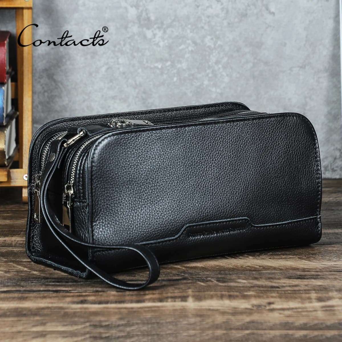 CONTACT'S Genuine Leather Clutch Bags for Men Wristlet Clutches Zipper Handbags Phone Pocket Male Large Wallets Travel Men's Bag