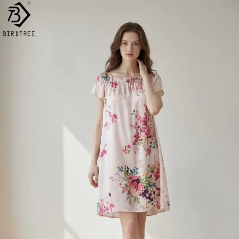 BirdTree, 16MM 100% Silk Pajamas Dress,Women Plain Satin O-neck, Soft Short Sleeve Nightdress, 2026 Spring Summer New P62010JF