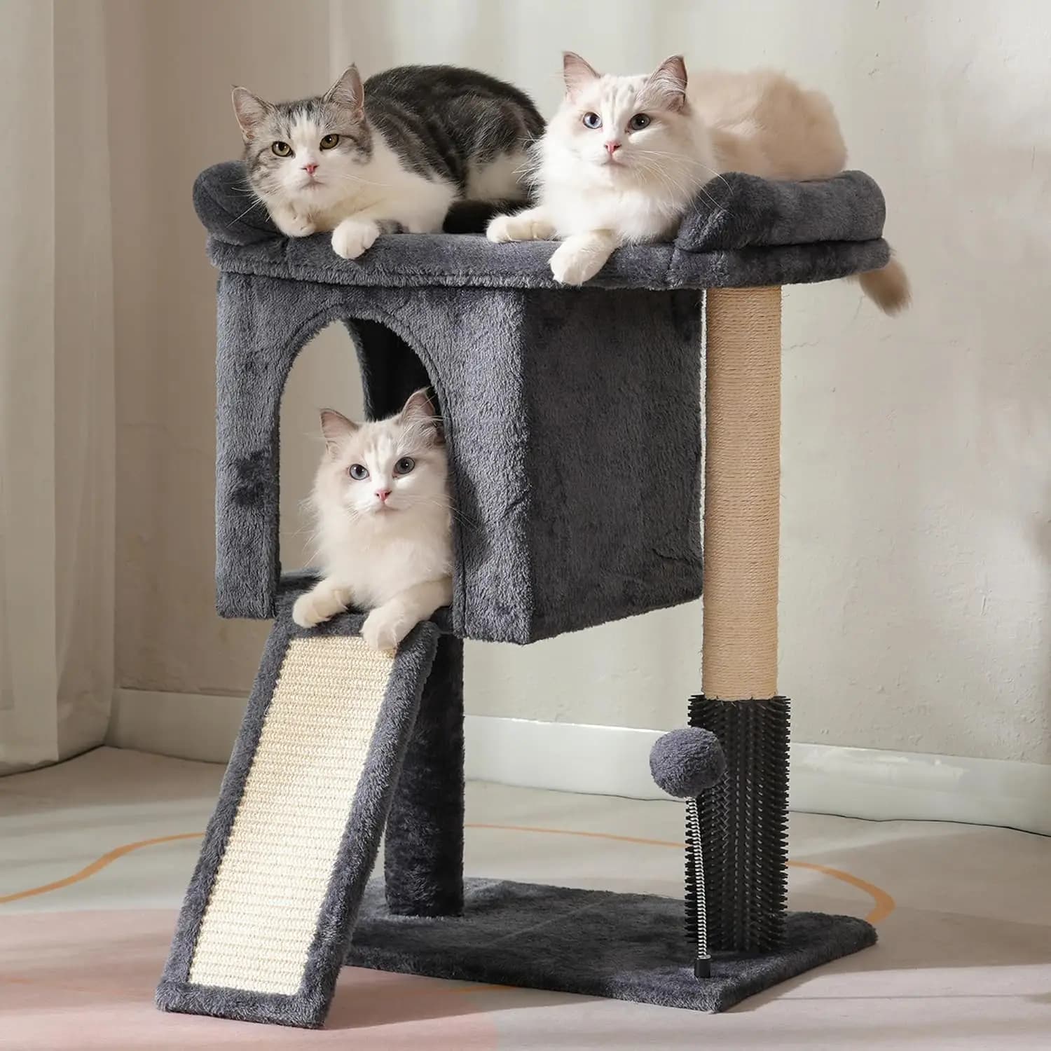 Grande Albero per Gatti con Ampio Letto Superiore, Tiragraffi in Sisal, Rampa, Spazzola Auto-Pulente e Palla a Molla - Grigio Scuro