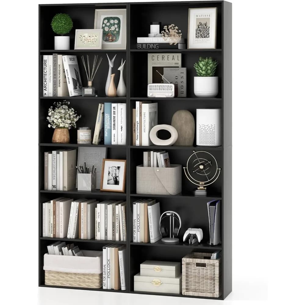 Set di librerie a 6 livelli, libreria in legno alta 70", organizer autoportante con ripiani aperti, kit antiribaltamento, moderno