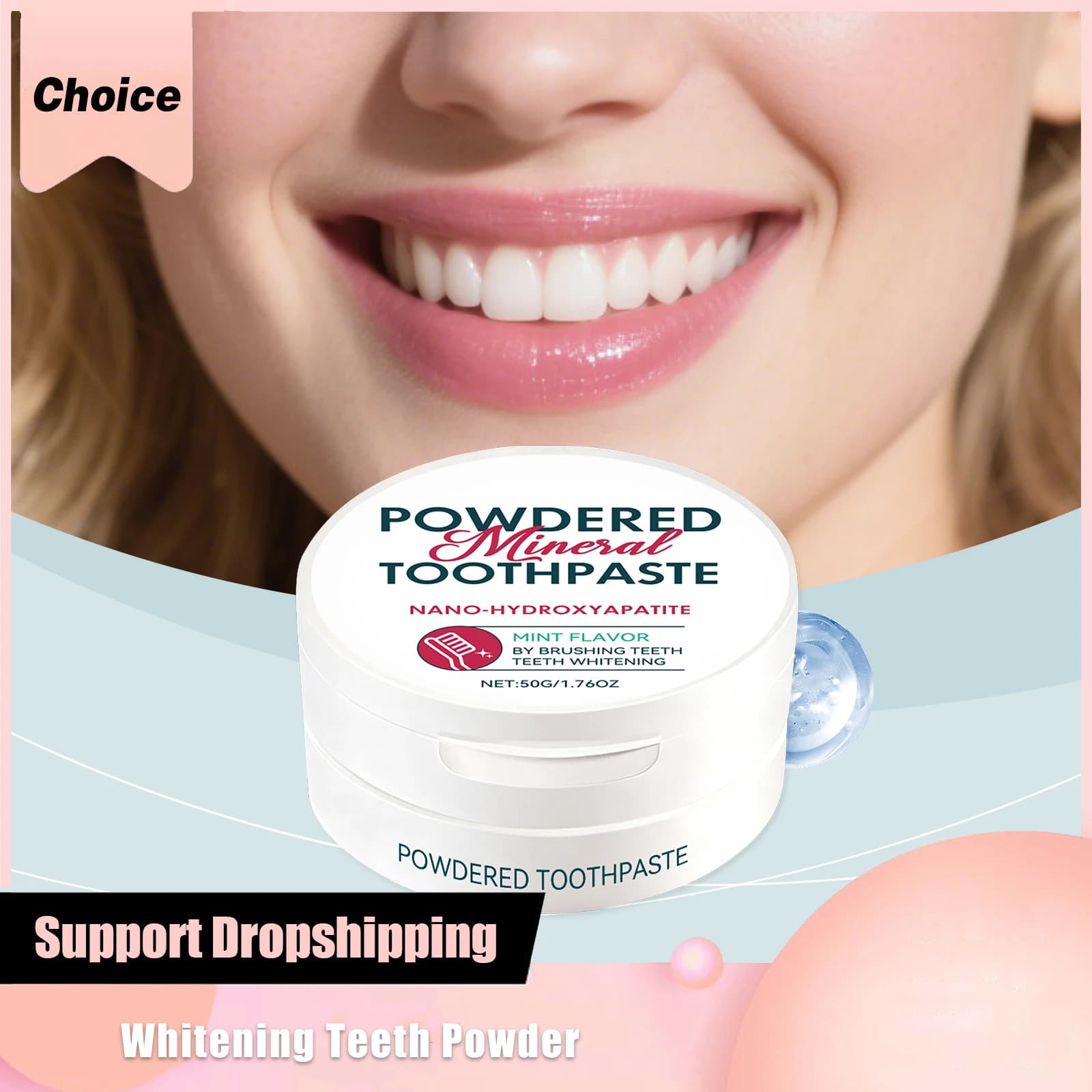 Whitening powder for teeth with hydrossiapatitis, mint taste, Deep cleansing, Removes yellow Macchies, Fresh Food, Health of the Genghives and the Disposal, Oral Care