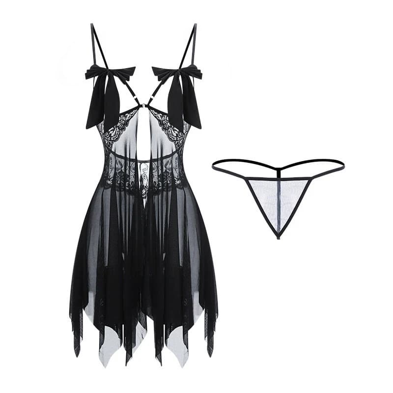1 set di lingerie sexy in pizzo trasparente per donna, camicia da notte con scollo a cuore, pigiama senza schienale con fiocco, abbigliamento da notte seducente