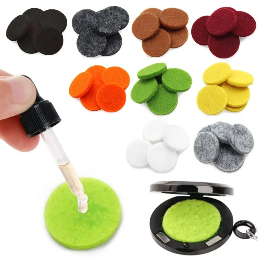 100 pezzi di cuscinetti di ricarica per oli essenziali rotondi colorati, medaglione alla moda, medaglione galleggiante, cuscinetti rotondi in feltro per aromaterapia