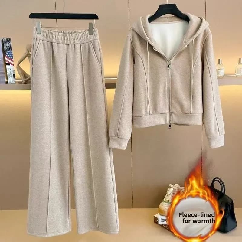 Set Sportivo Casual da Donna, Giacca con Cappuccio Foderata in Pile e Doppia Cerniera, Pantaloni a Gamba Larga, Completo Due Pezzi Modellante
