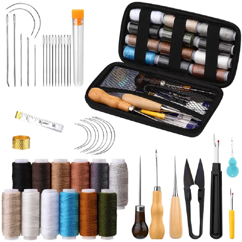 45 pezzi Kit da cucito in pelle per riparazione tappezzeria per scarpe divano tenda tappeto artigianato in pelle scarificatore per cuciture fai da te, ago per filo da cucito
